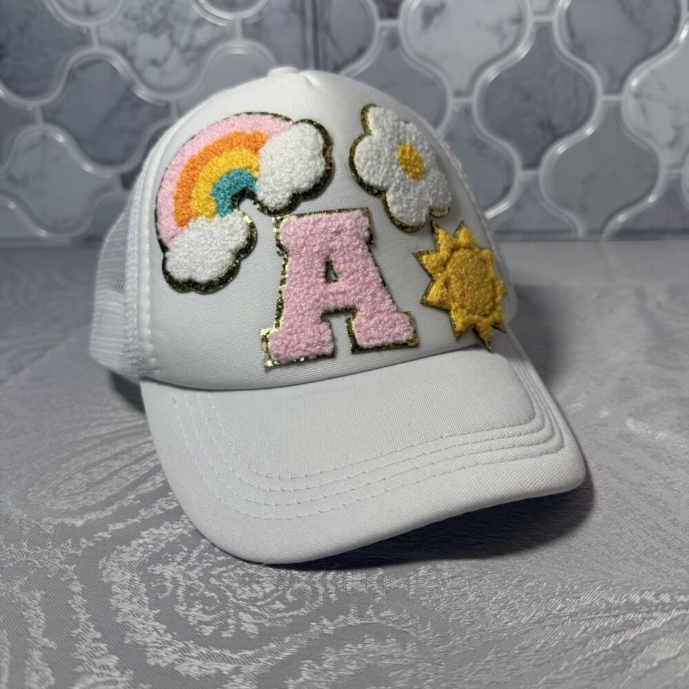 Women’s White Trucker Hat, Rainbow, Initial A, Flower And Sun Iron Ons